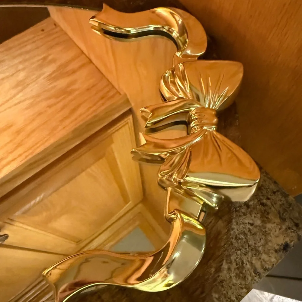 Hollywood Regency Style Vanity Mirror Tray Featuring Gold Ribbon And Bow Design